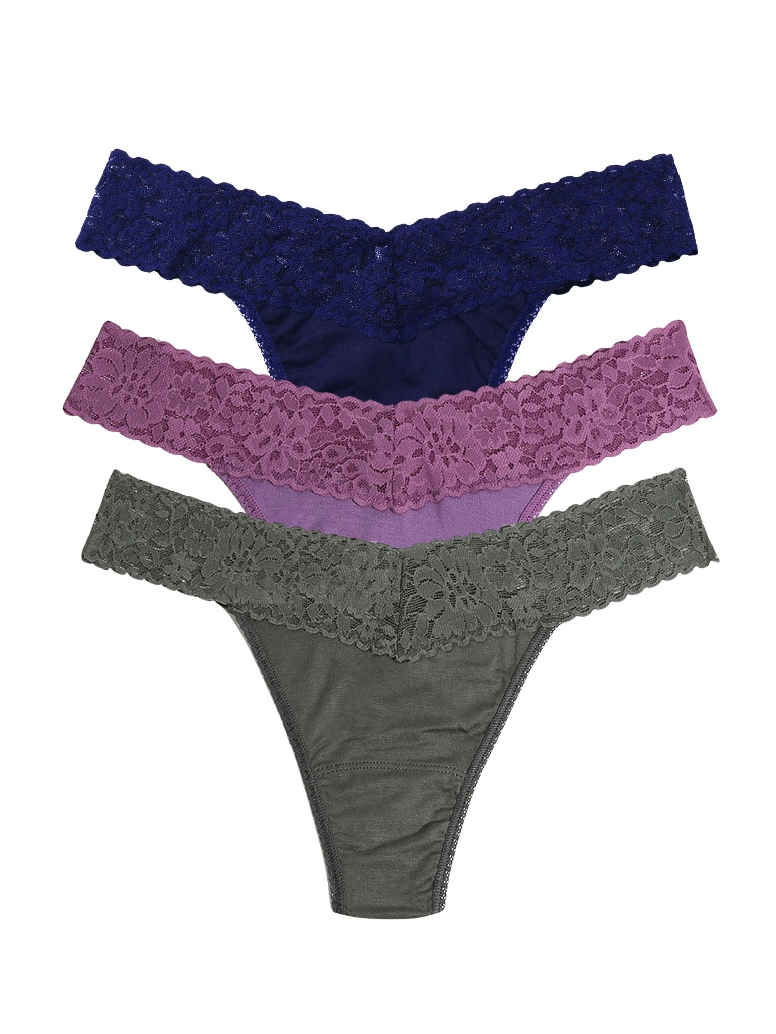 DreamEase™ Modal Thong 3-Pack Indigo, Berry Pie Purple & Grey - Flat Lay on White | Hanky Panky