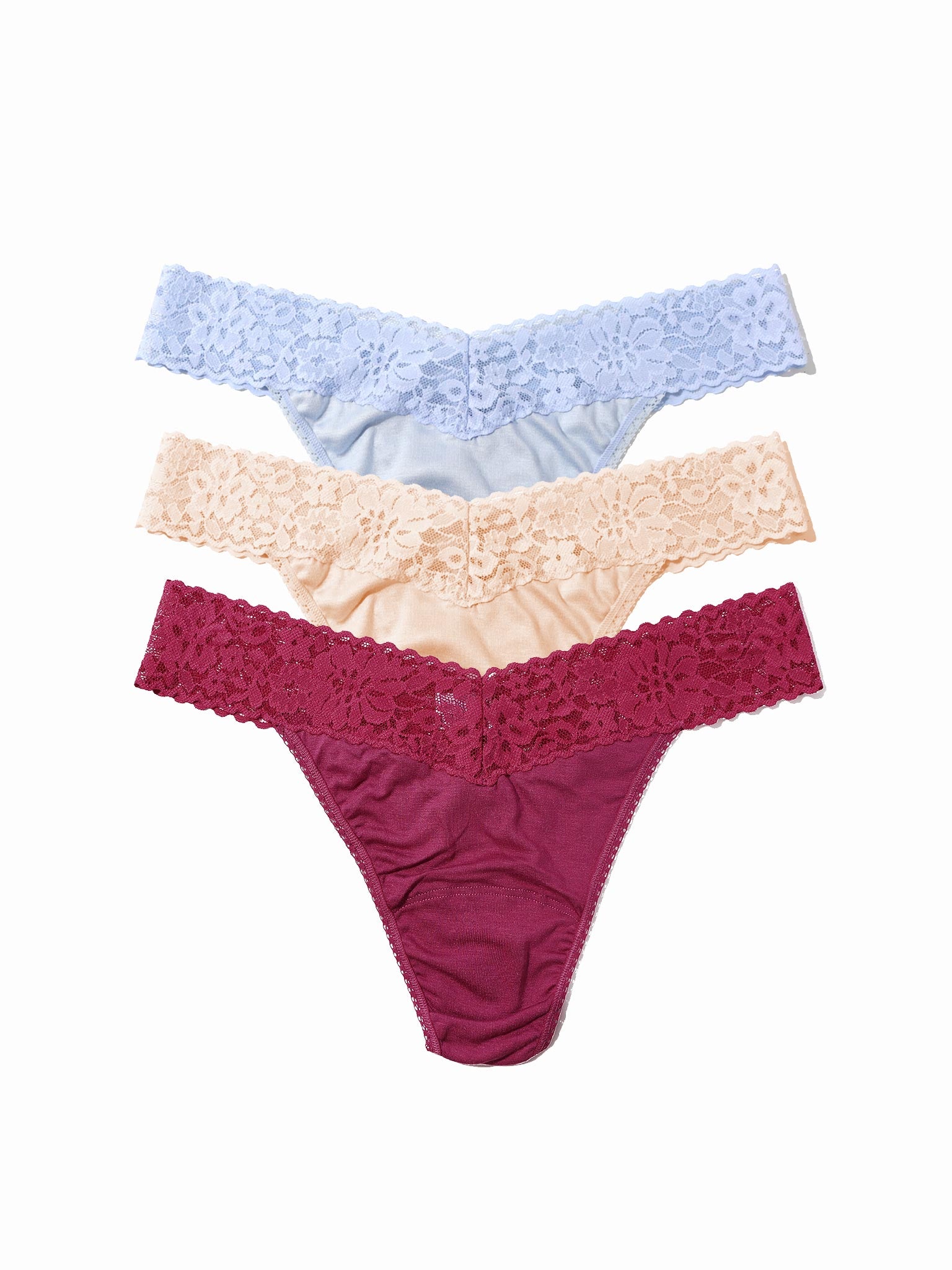 DreamEase™ Original Rise Thong 3-Pack in serenity blue, chai & california raisin purple - Flat Lay | Hanky Panky
