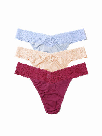 DreamEase™ Original Rise Thong 3-Pack in serenity blue, chai & california raisin purple - Flat Lay | Hanky Panky