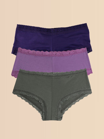 Indigo, Berry Pie Purple & Grey DreamEase™ Boyshort 3-Pack - Flat Lay | Hanky Panky