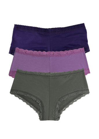 DreamEase™ Modal Boyshort 3-Pack Indigo, Berry Pie Purple & Grey Lace Trim - Flat Lay White | Hanky Panky