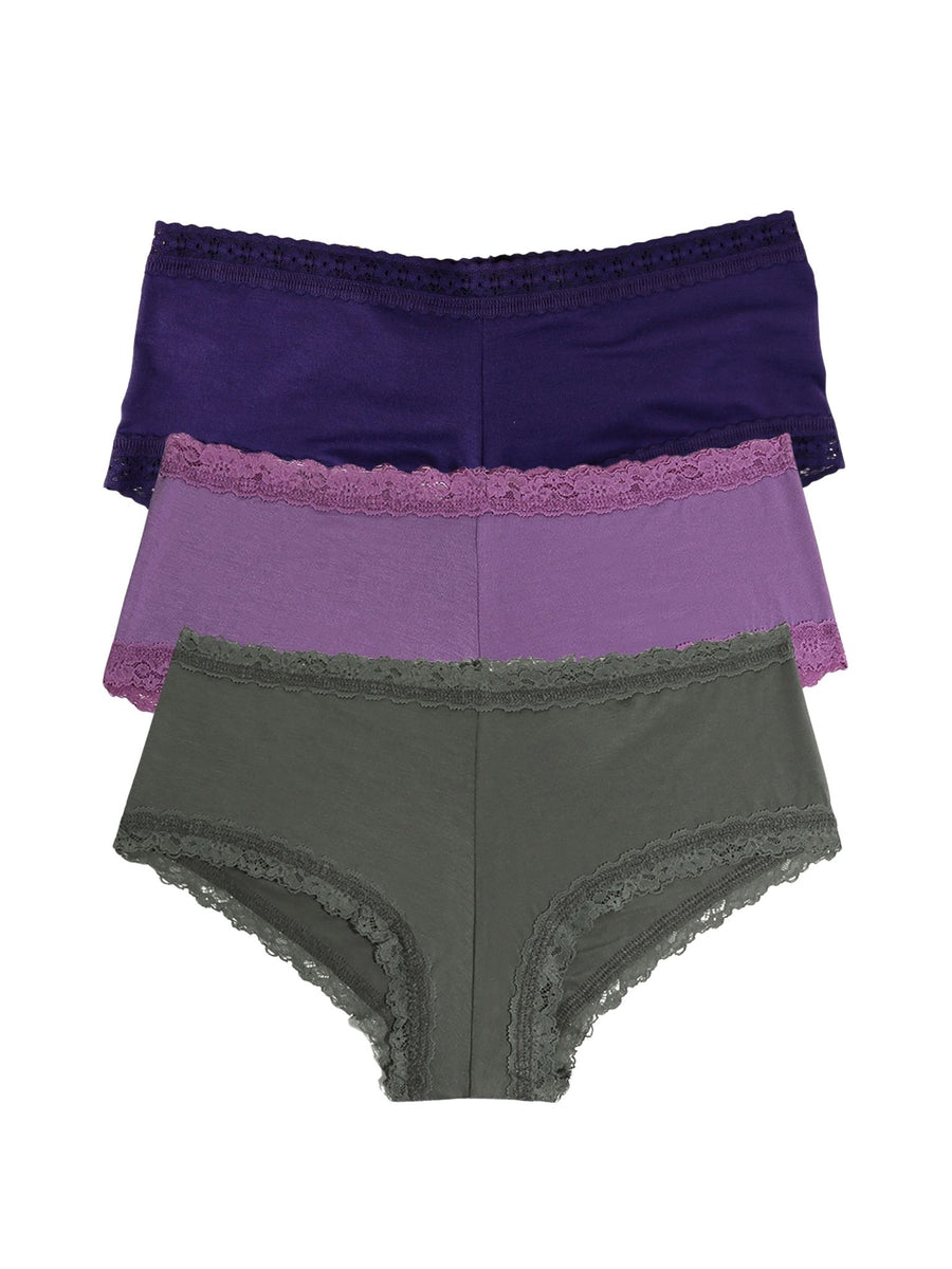 DreamEase™ Modal Boyshort 3-Pack Indigo, Purple & Grey Lace Trim - Flat Lay | Hanky Panky