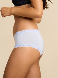 Light blue underwear with lace trim on a beige background