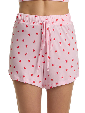 Unwind Drawstring Short So In Love Pink - Front View Drawstring Waist, Heart Print Modal Lounge Short | Hanky Panky