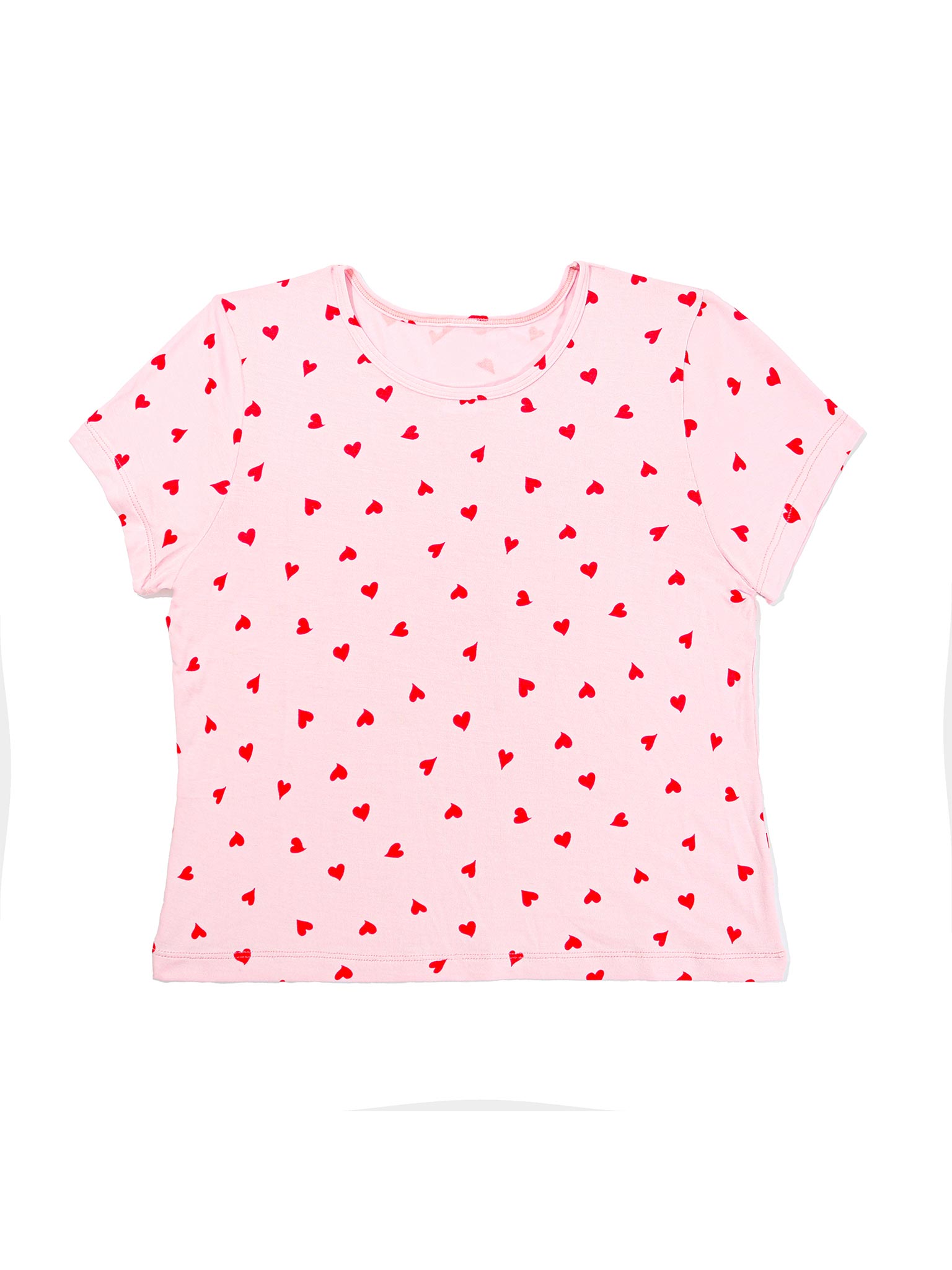 Unwind Baby Tee So In Love Pink red heart-print MicroModal lounge top, flat lay front view | Hanky Panky
