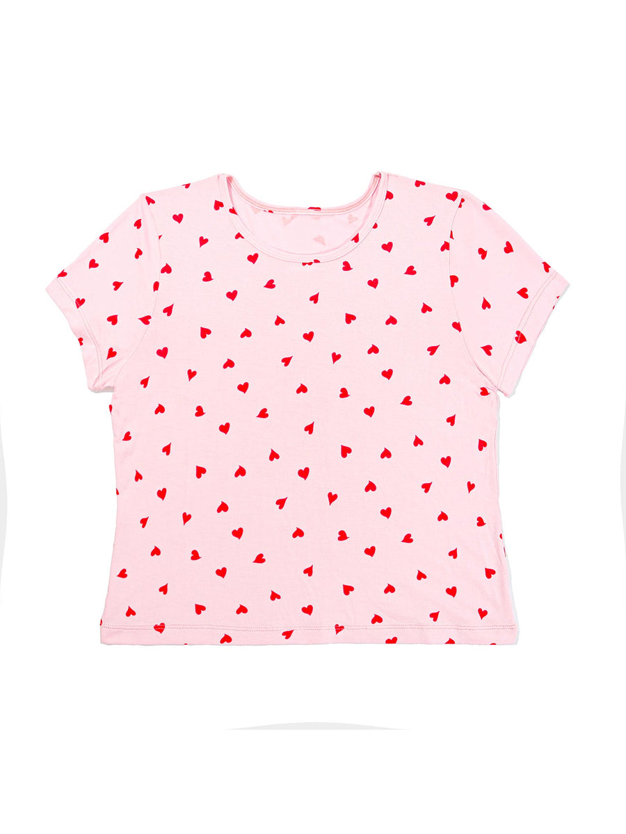 Unwind Baby Tee So In Love Pink red heart-print MicroModal lounge top, flat lay front view | Hanky Panky