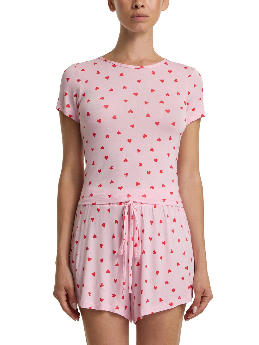 Unwind Baby Tee So In Love Pink heart-print MicroModal sleep top, front view on model with matching shorts | Hanky Panky