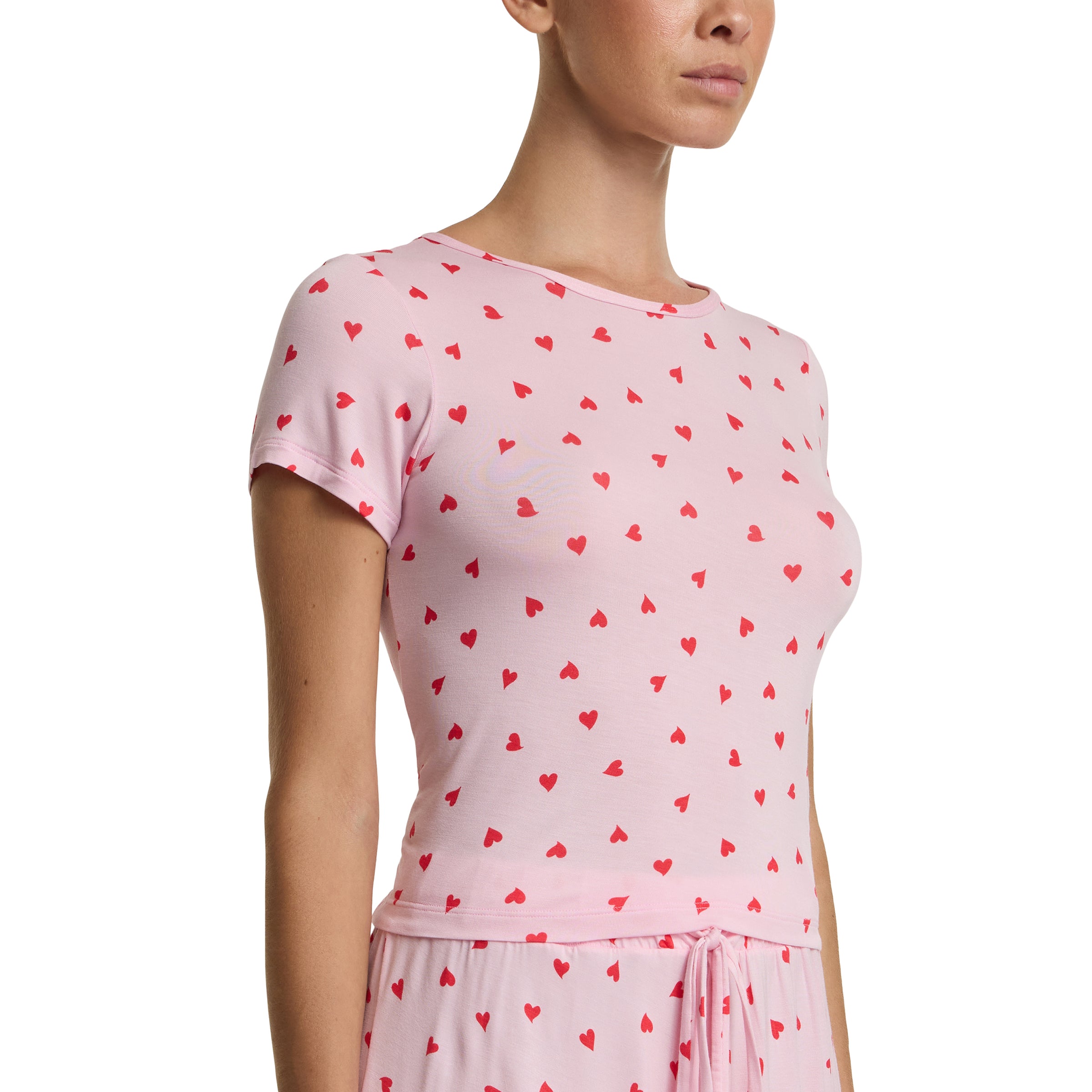 Unwind Baby Tee So In Love Pink MicroModal lounge top, red heart print, close-up side angle | Hanky Panky