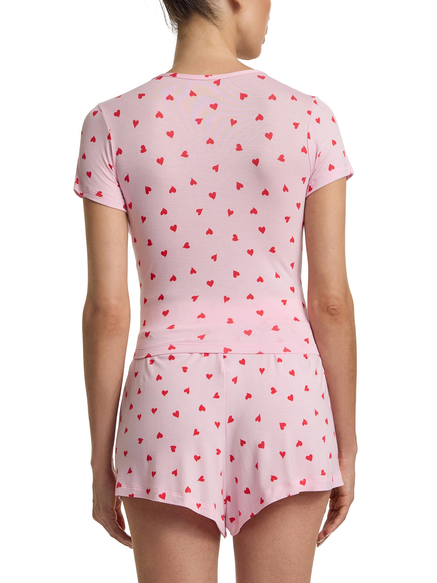 Unwind Baby Tee So In Love Pink MicroModal lounge top with red hearts, back view on model | Hanky Panky