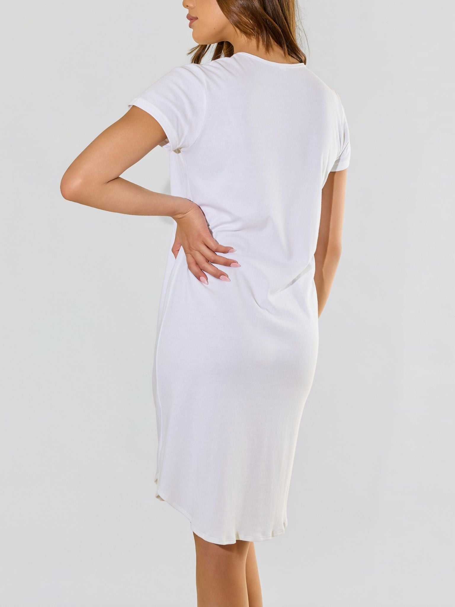 Model with hand on hip wearing Supima® Cotton Gown White