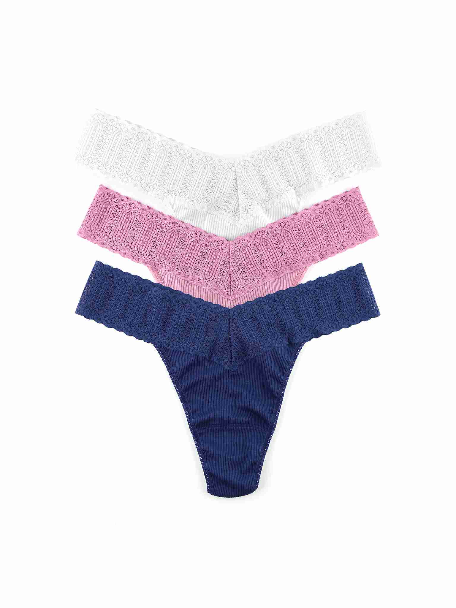 Black Friday Sale - Three pairs of knitted panties in white, pink, and blue on a white background