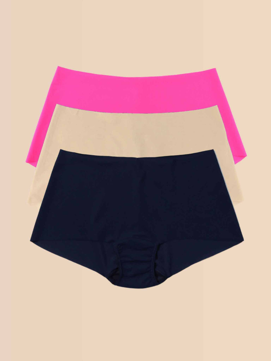 Pink Taupe Navy BreatheSoft™ Seamless Boyshort 3-Pack - Flat Lay Front | Hanky Panky