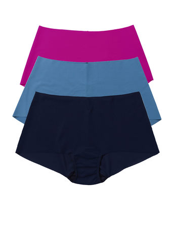 Hot Fuchsia Pink, Rainy Day Blue & Navy BreatheSoft™ Boyshort 3-Pack - Flat Lay, Front View | Hanky Panky