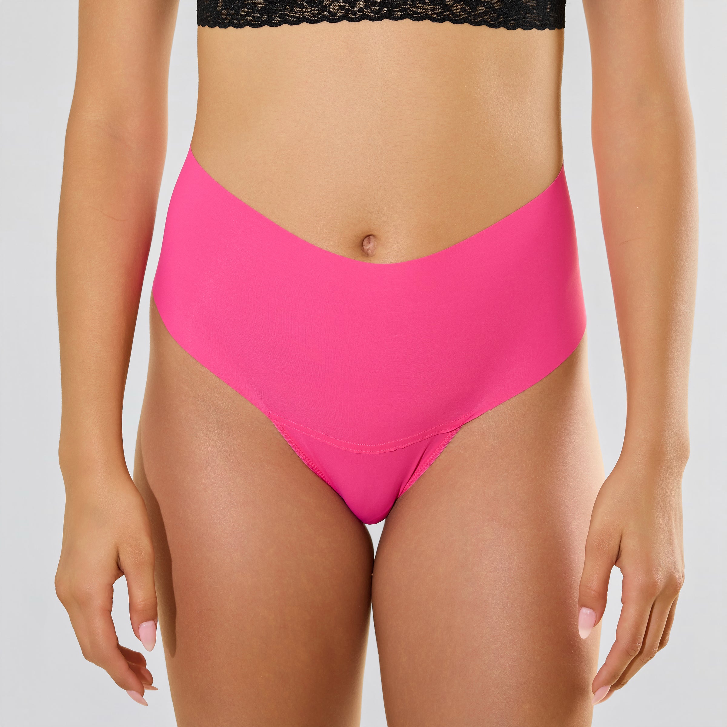 Provocative Pink BreatheSoft™ High Rise Thong - Front View on Model with Black Lace Bralette | Hanky Panky