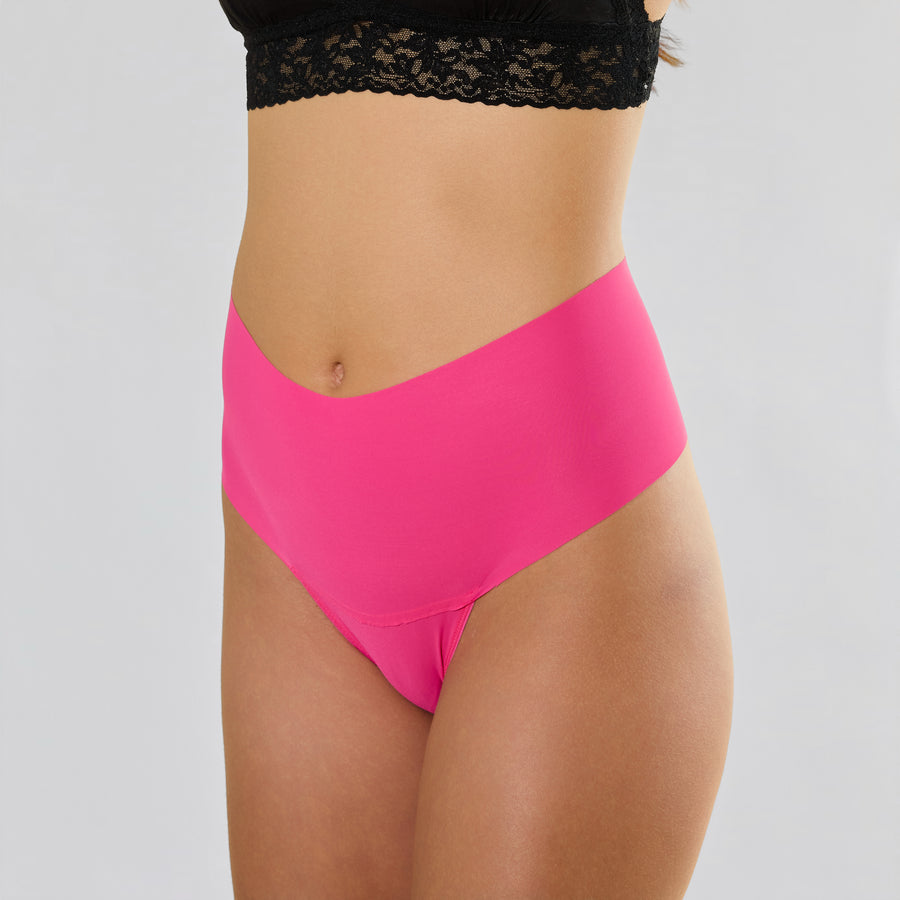 Provocative Pink BreatheSoft™ High Rise Thong - Side View on Model, Seamless High Rise Thong | Hanky Panky