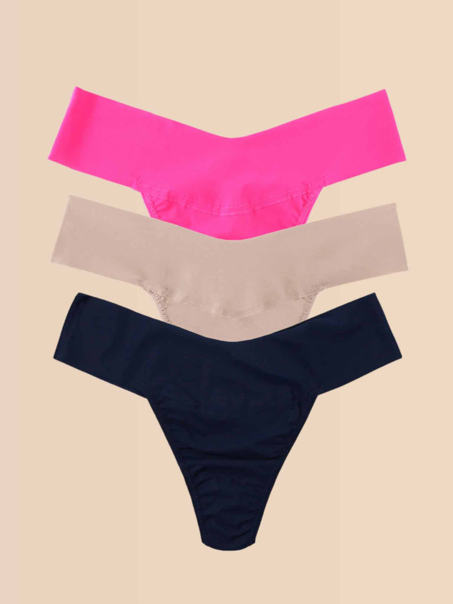Pink Taupe Navy BreatheSoft™ Natural Rise Thong 3-Pack - Flat Lay on Cream | Hanky Panky