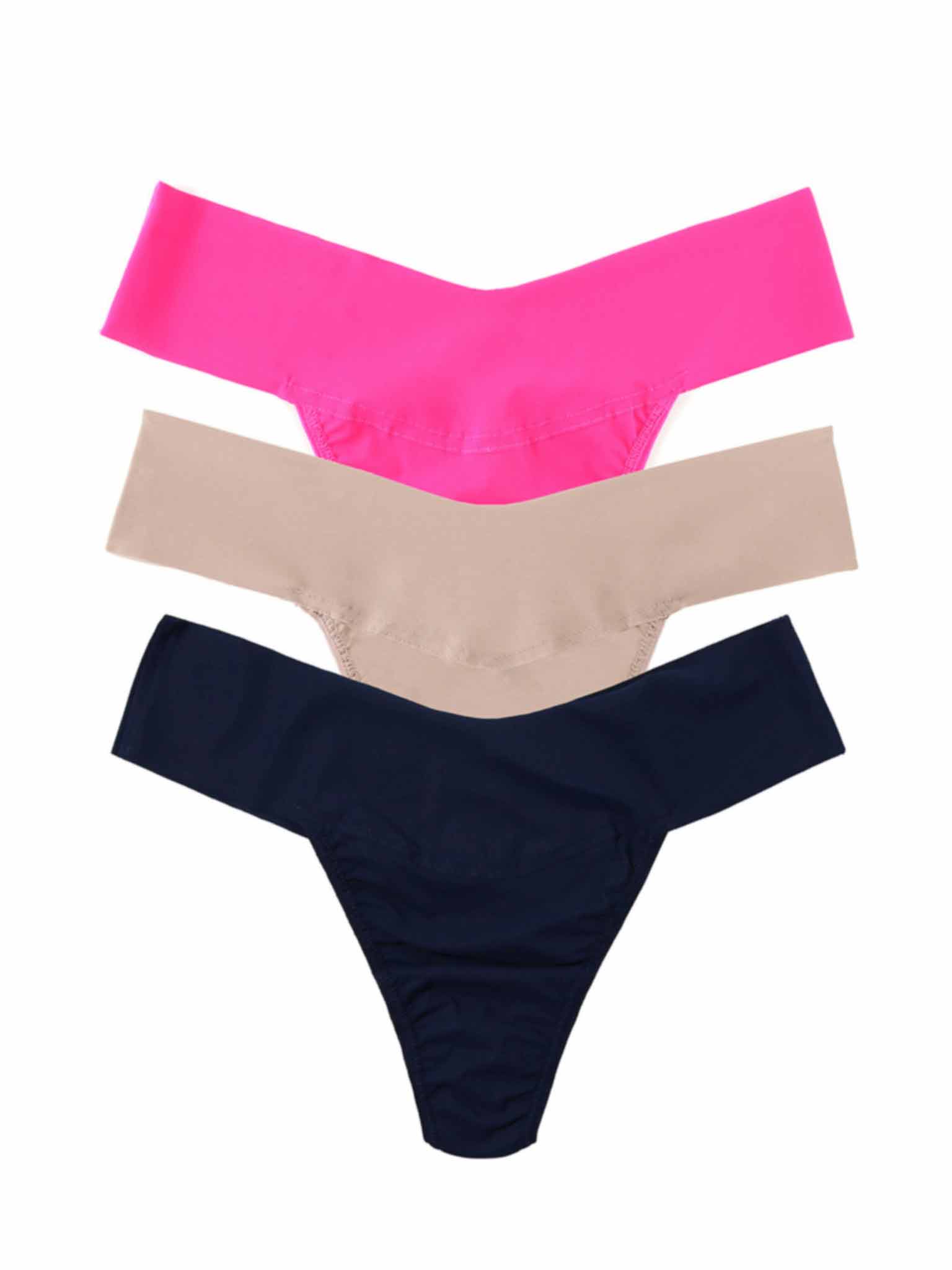 Pink Taupe Navy BreatheSoft™ Natural Rise Thong 3-Pack - Flat Lay on White | Hanky Panky