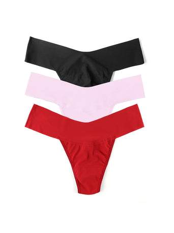 3 BreatheSoft™ Natural Rise Thongs in Black, Bliss Pink & Red - Flat Lay | Hanky Panky