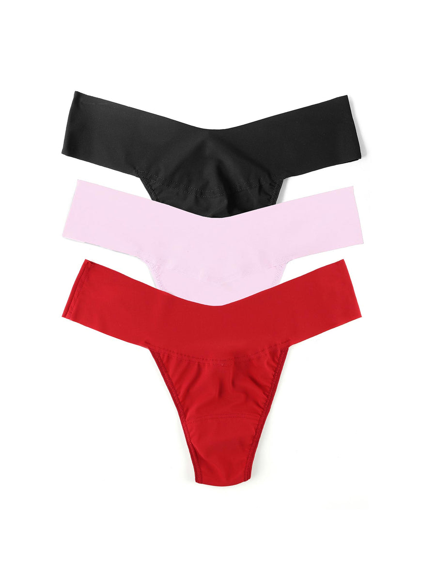 3 BreatheSoft™ Natural Rise Thongs in Black, Bliss Pink & Red - Flat Lay | Hanky Panky