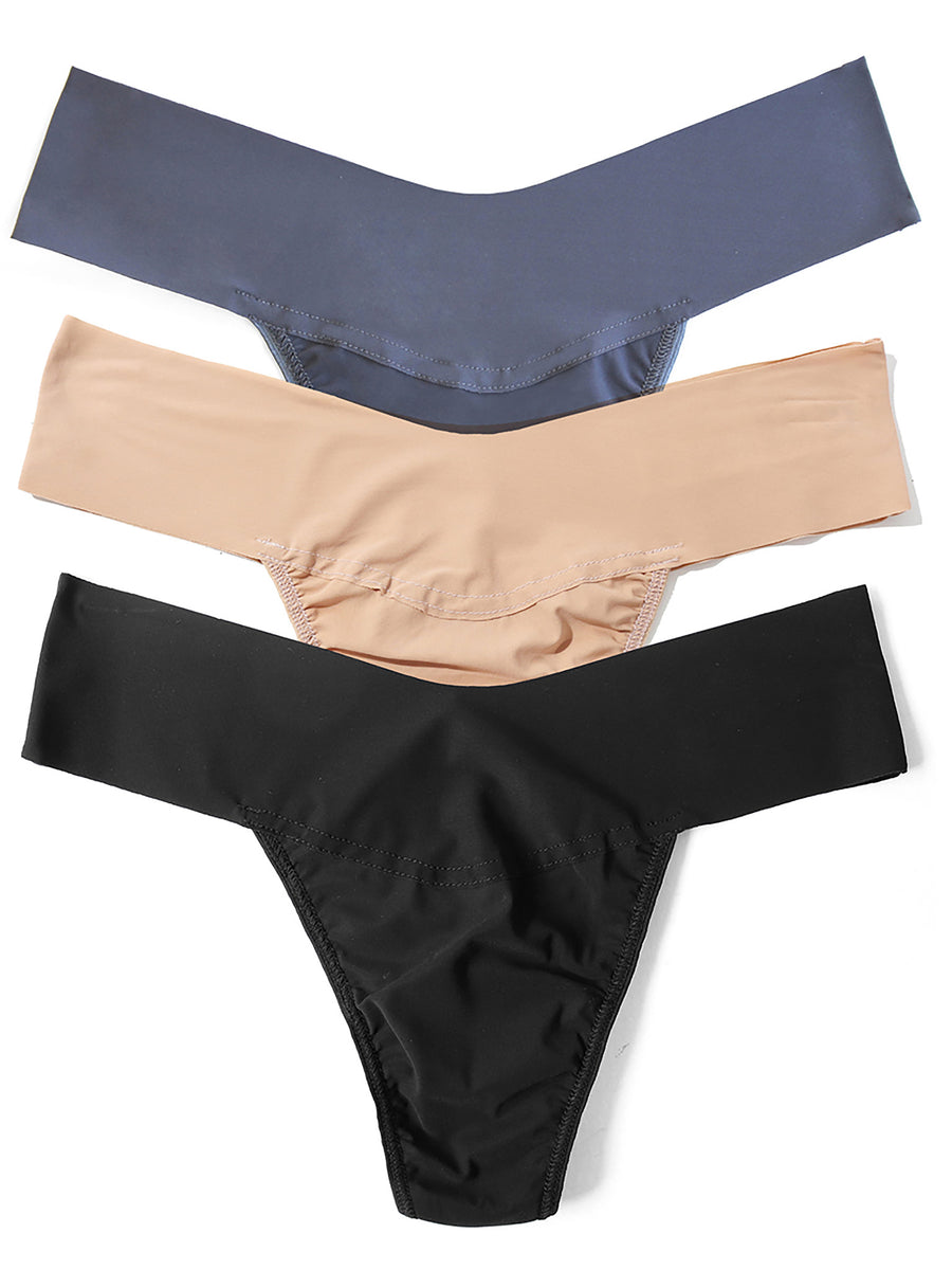 Black, Taupe & Granite BreatheSoft™ Natural Rise Thong 3-Pack - Flat Lay | Hanky Panky