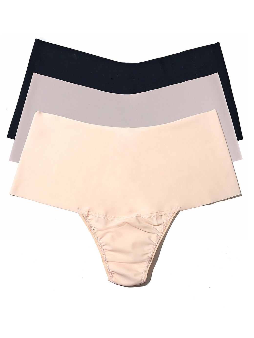 Three pairs of women's underwear in beige, black, and gray on a white background