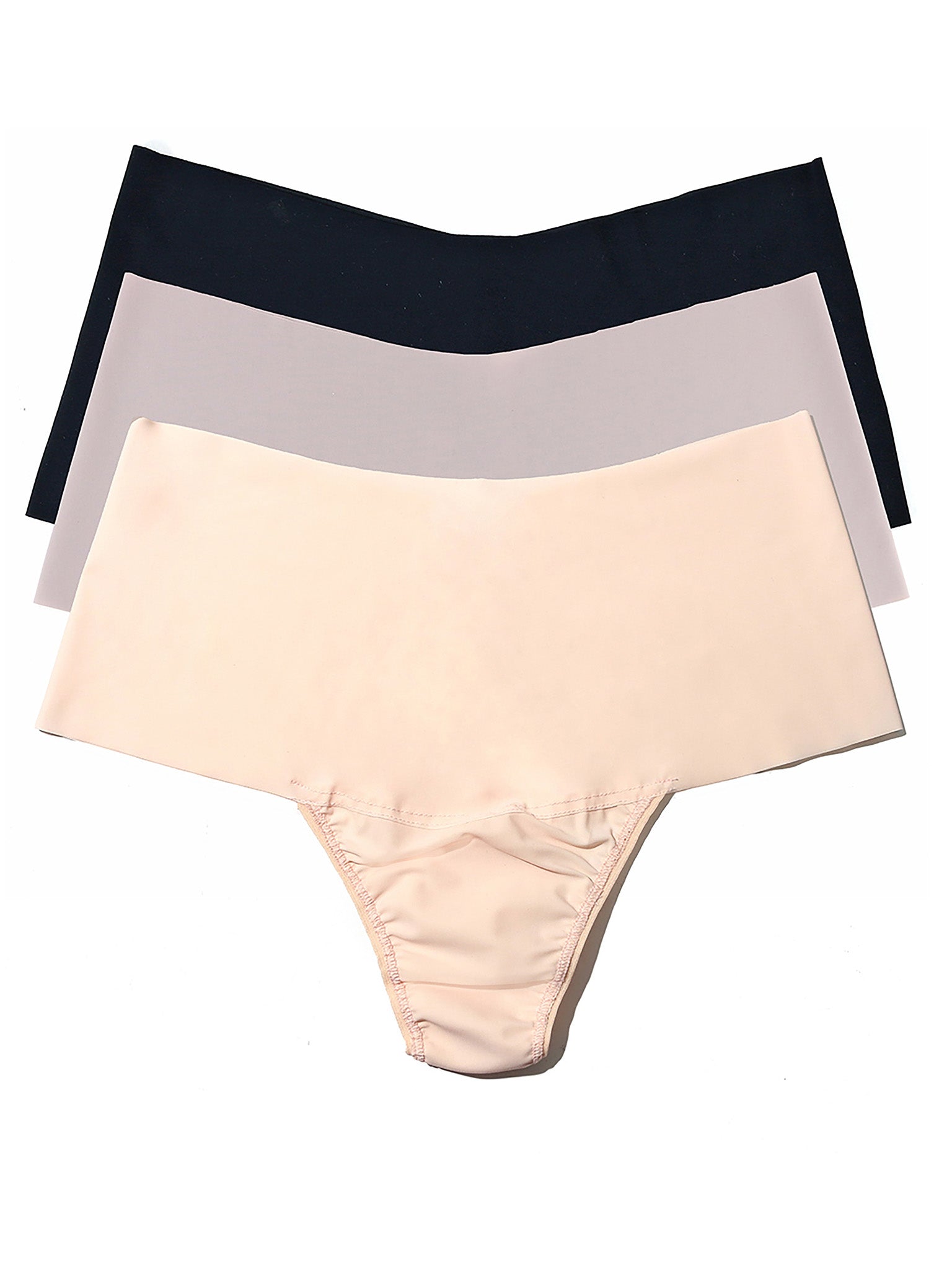 Three pairs of women's underwear in beige, black, and gray on a white background