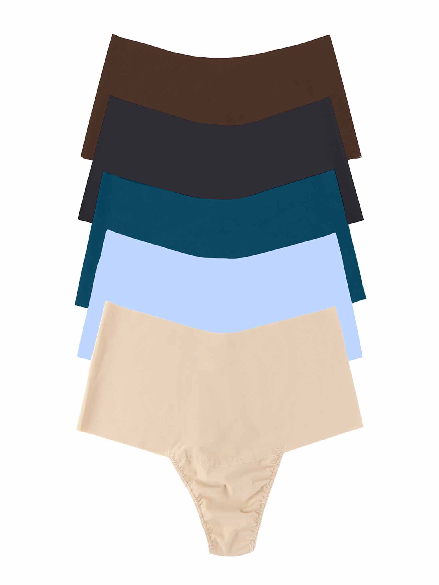 BreatheSoft™ High Rise Thong 5-Pack in Brown, Black, Teal, Blue & Nude - Flat Lay | Hanky Panky