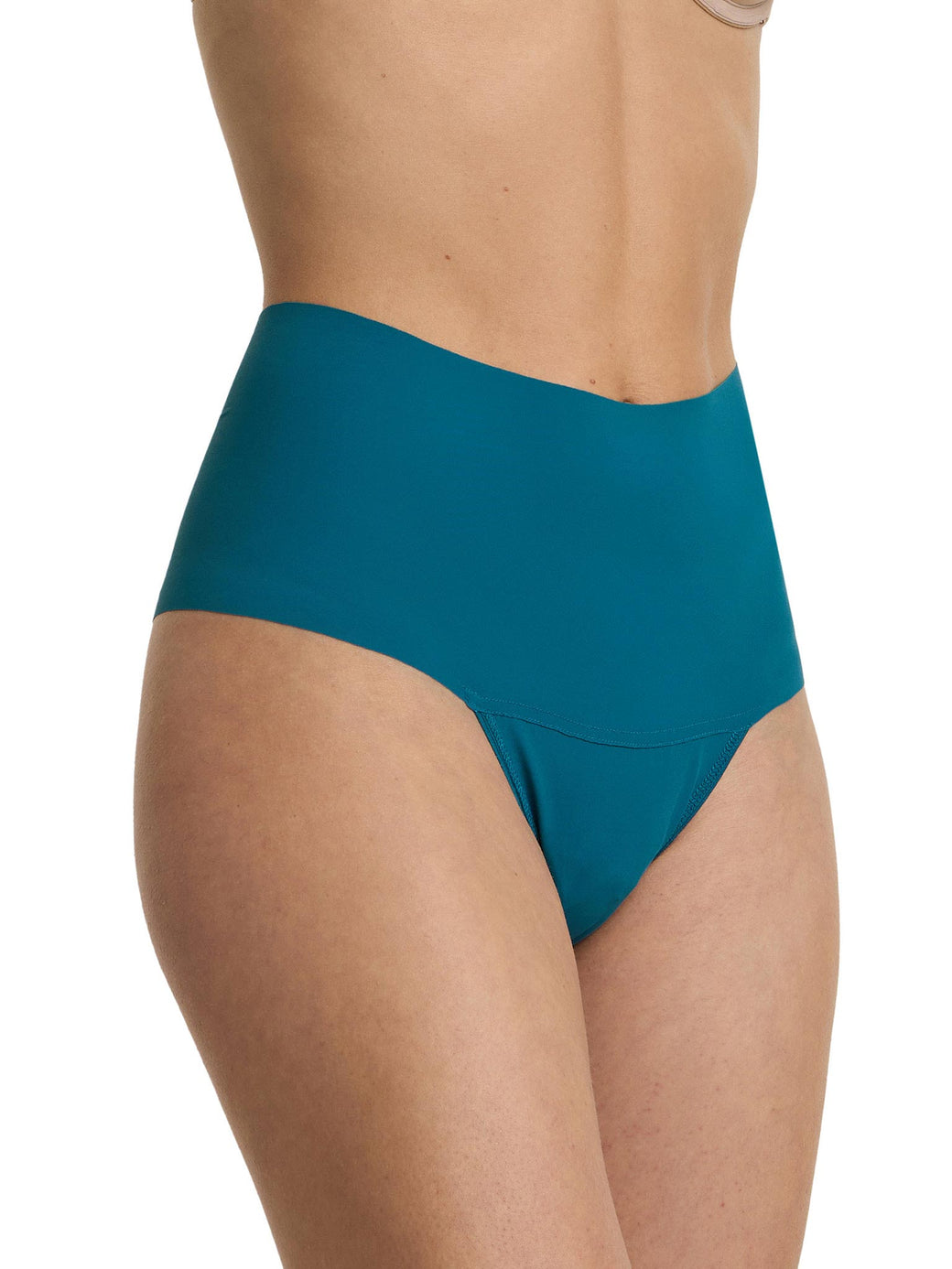 Teal high-waisted bikini bottom on a white background