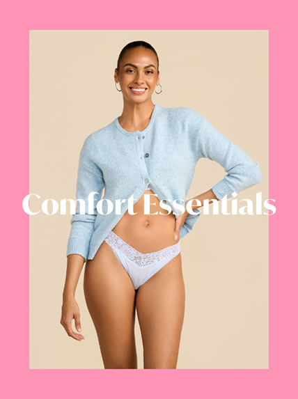 model wearing blue lace underwear with a matching cardigan