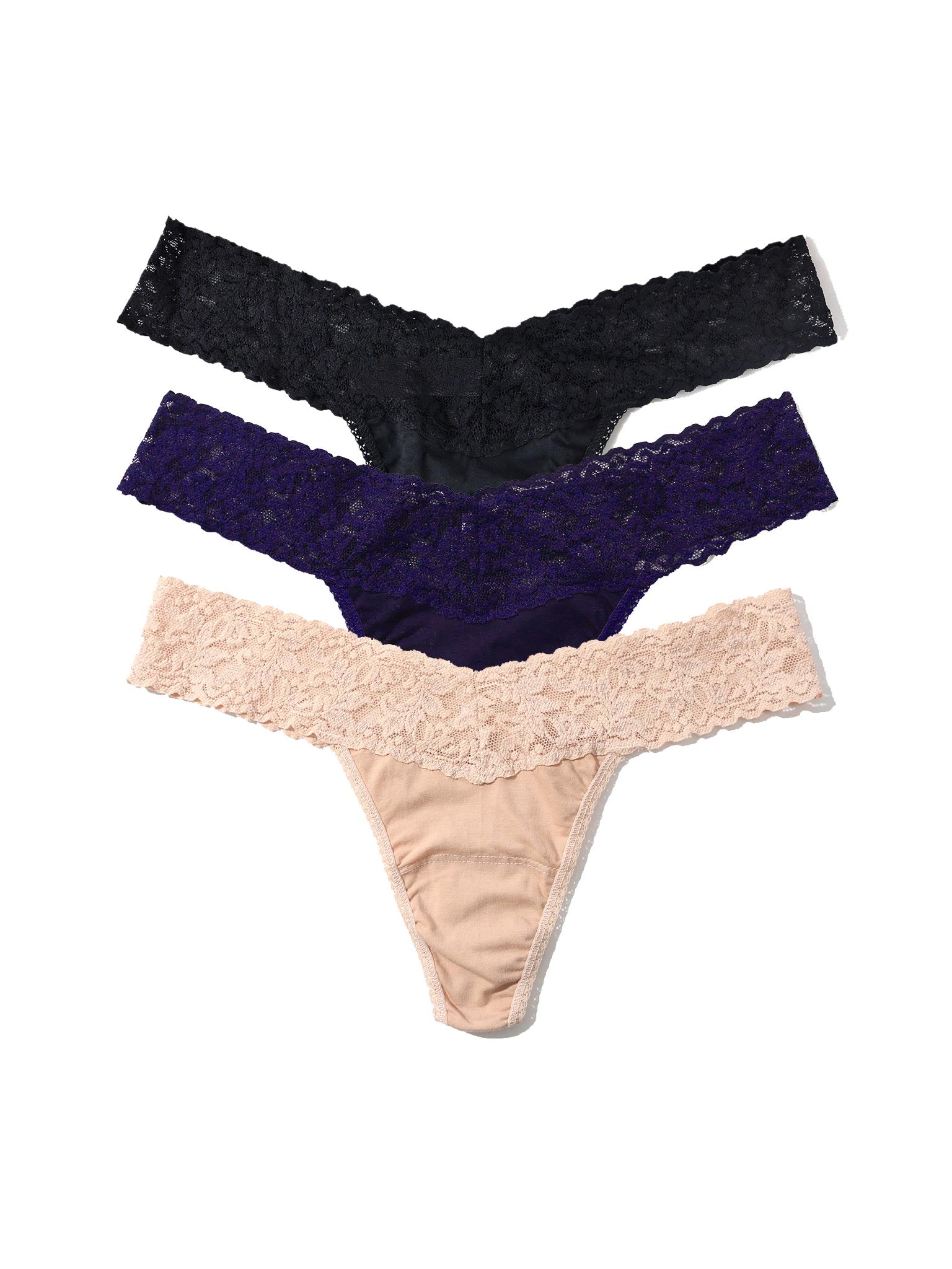 Black Friday Sale - Three pairs of lace-trimmed panties in black and beige on a white background