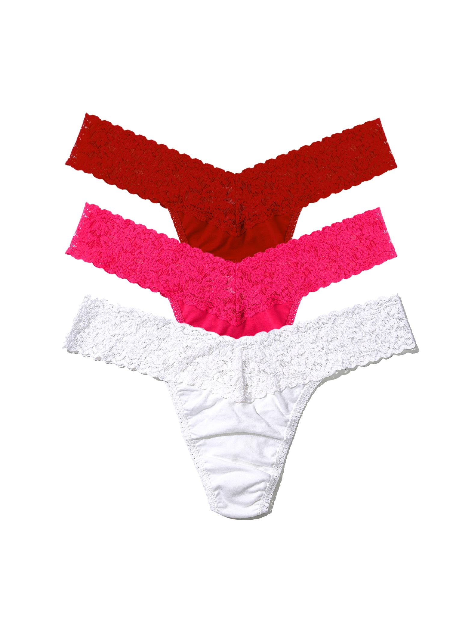 Black Friday Sale - Three pairs of lace-trimmed panties in pink, red, and white on a white background.