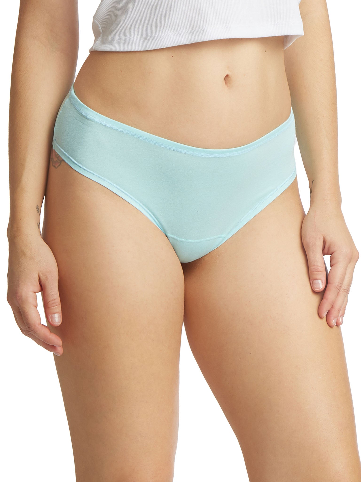 Sky Dive Blue PlayStretch™ Cotton-Spandex Natural Rise Thong - Front View On Model | Hanky Panky