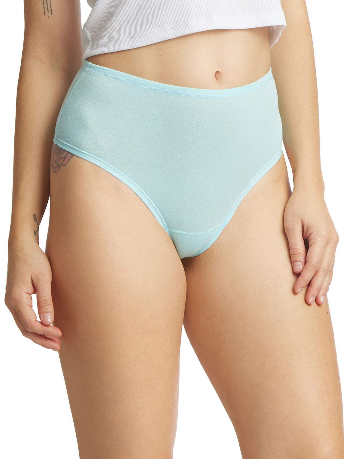 Sky Blue Cotton-Spandex High Rise Thong - Front View On Model | Hanky Panky