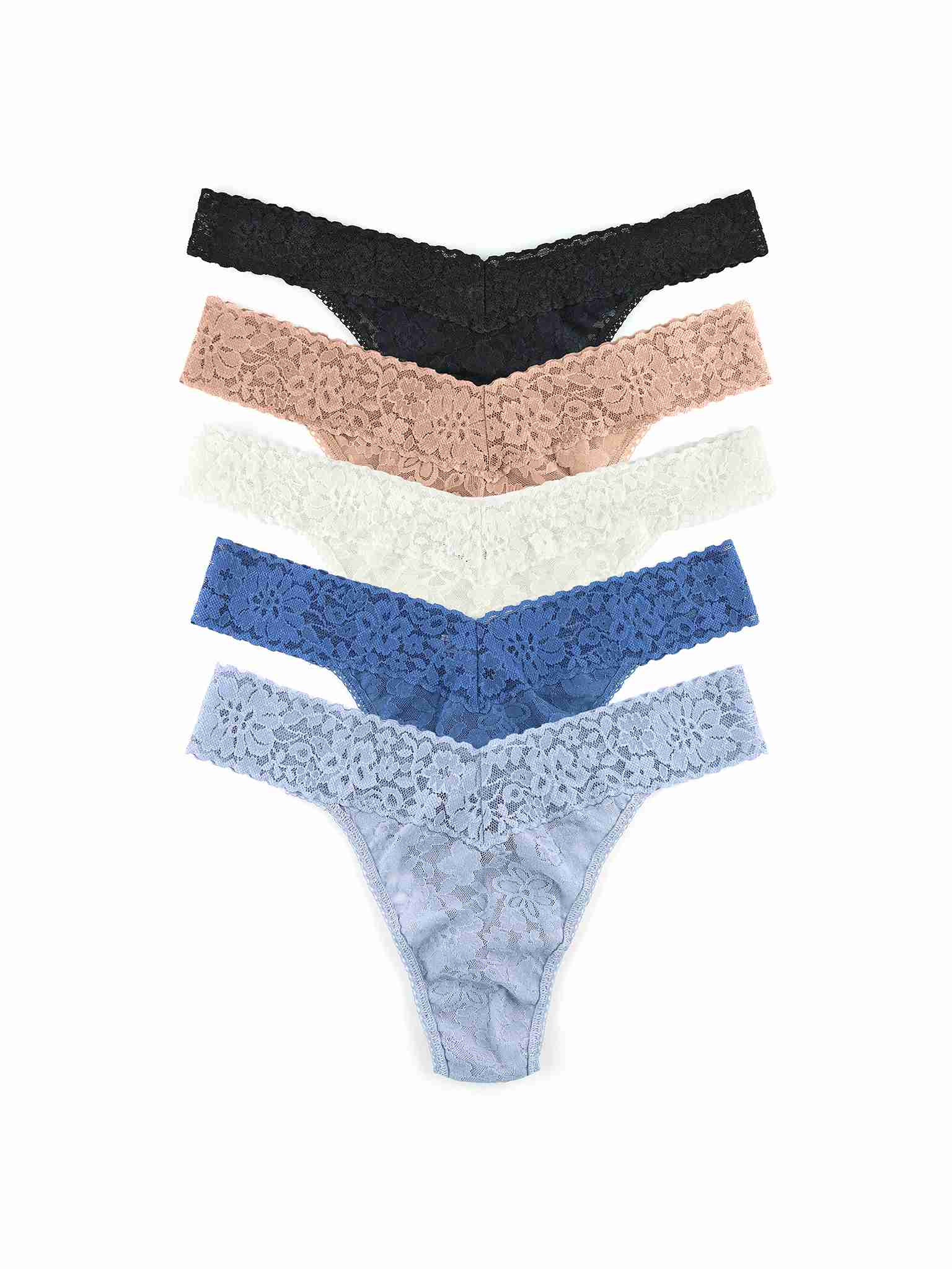 Set of five daily lace thongs in black, beige, blue, and light blue on a white background for black friday