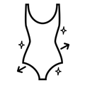 Black line art outline of a sleeveless bodysuit or tank top centered on a white background, with decorative sparkles and arrows around it.