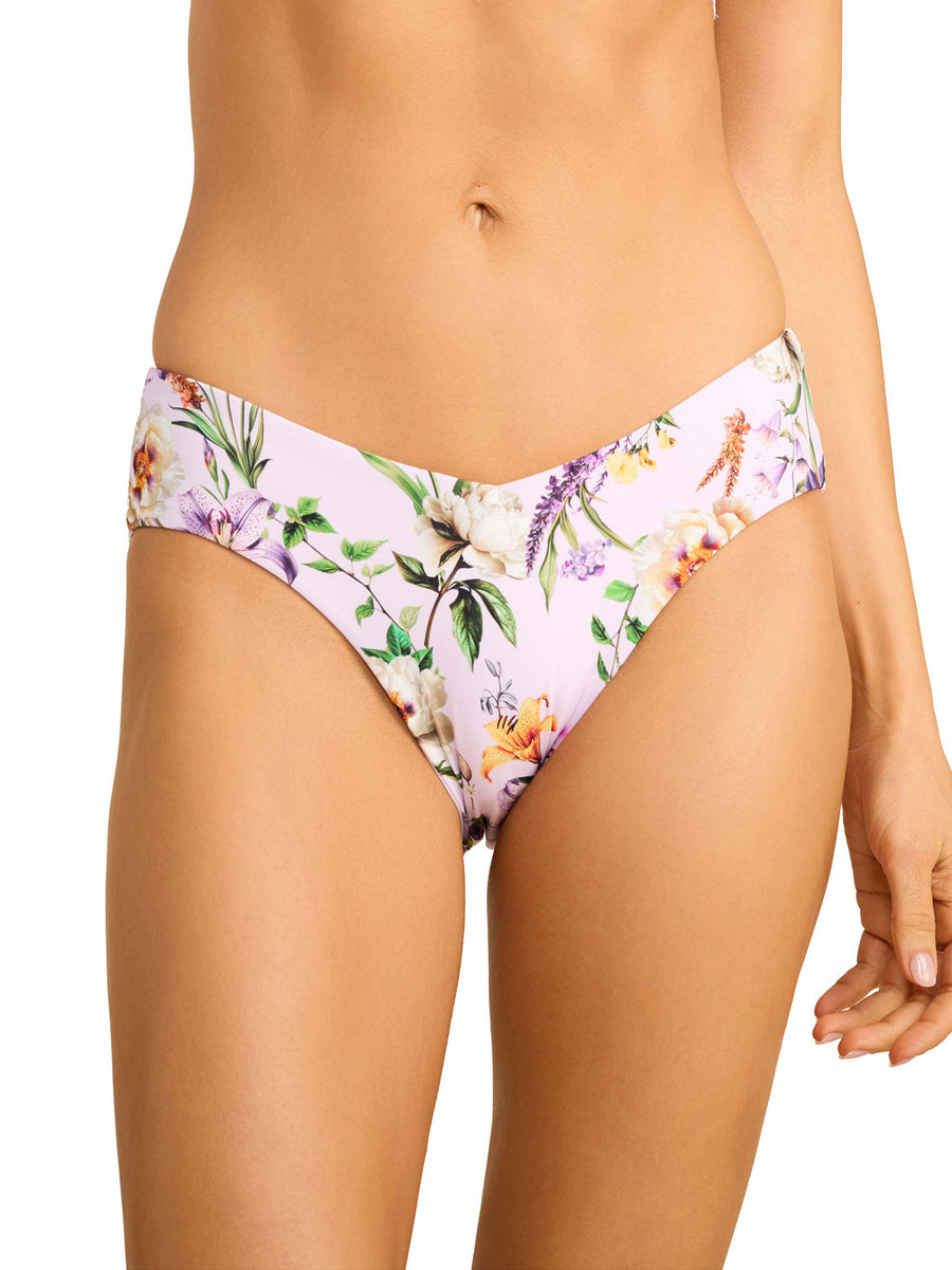 Fawning Flora Purple V-Kini Swimsuit Bottom, floral print on model - Front View | Hanky Panky
