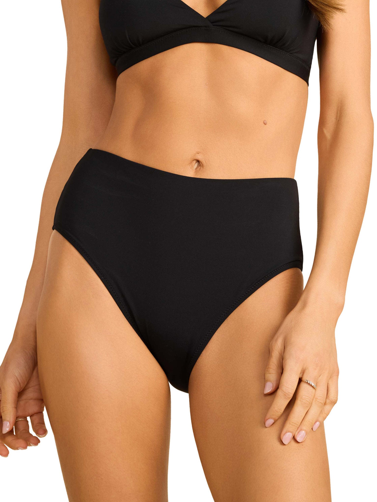 Black high waisted swim bottom - Front View on white background, paired with black bikini top | Hanky Panky
