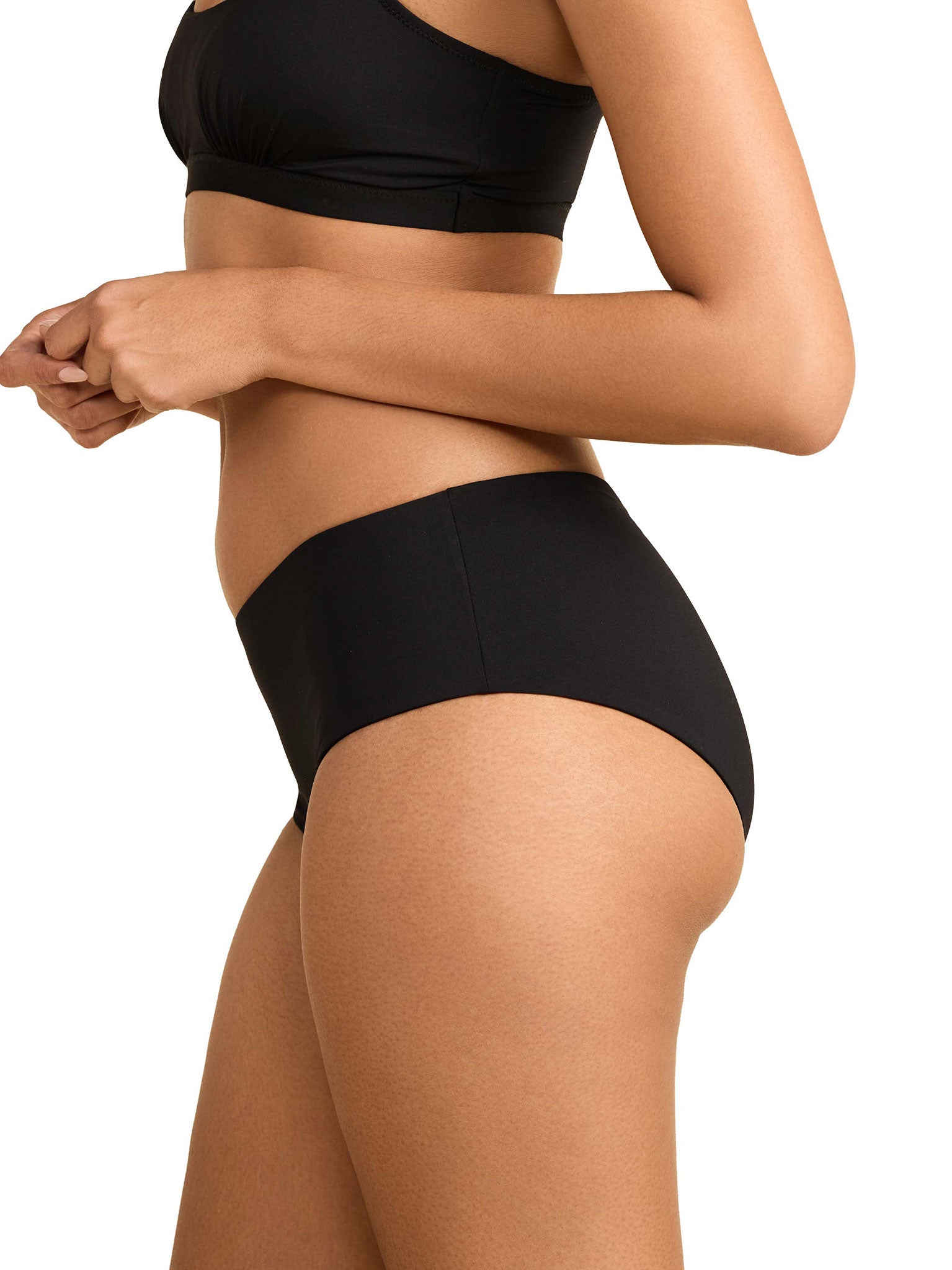 Black high rise swim bottom - Side Profile showing high leg cut and waistband detail | Hanky Panky
