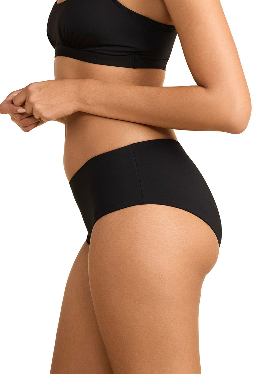 Black high rise swim bottom - Side Profile showing high leg cut and waistband detail | Hanky Panky