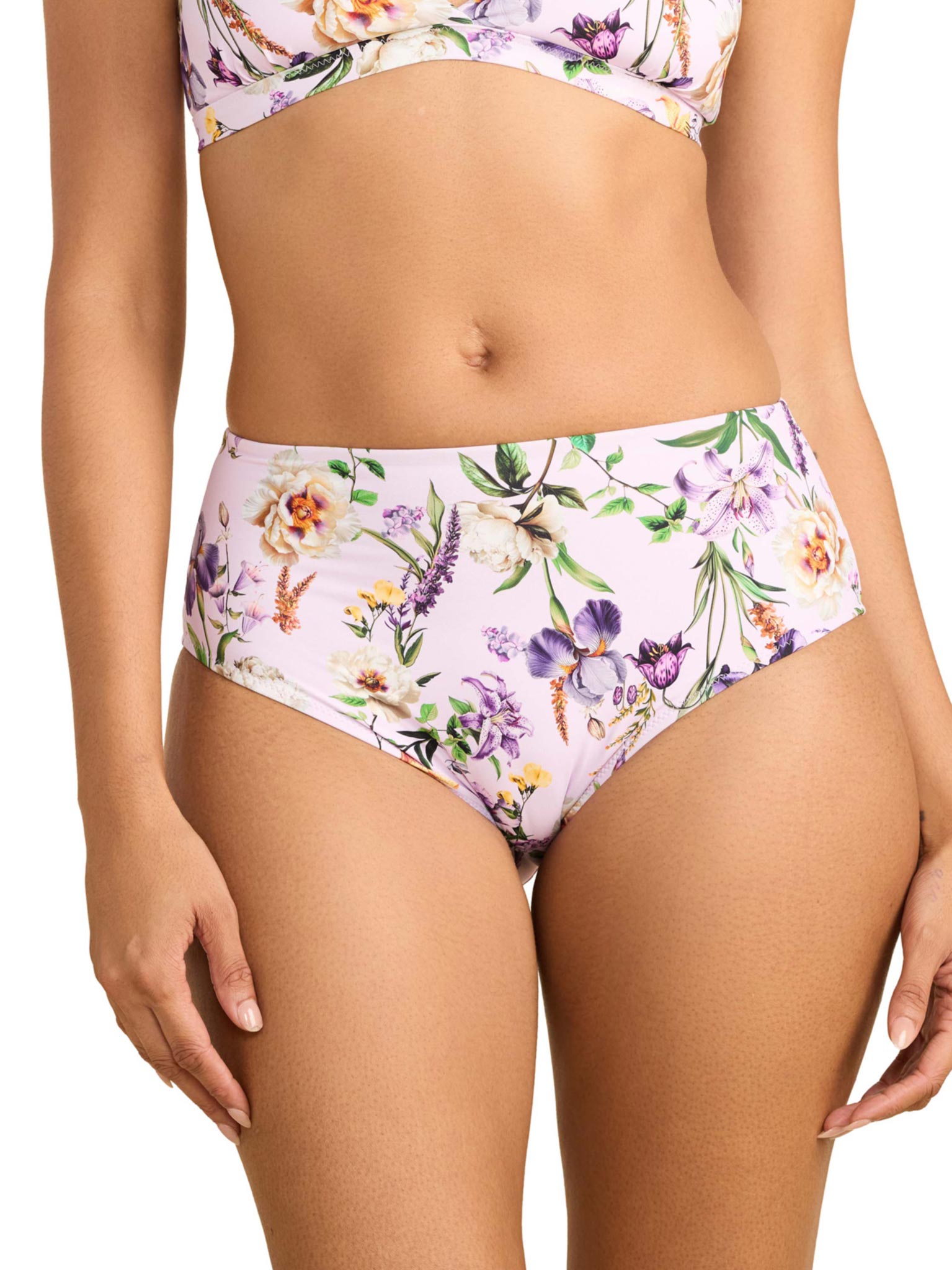 Fawning Flora Purple floral high waisted swim bottom - Front View | Hanky Panky
