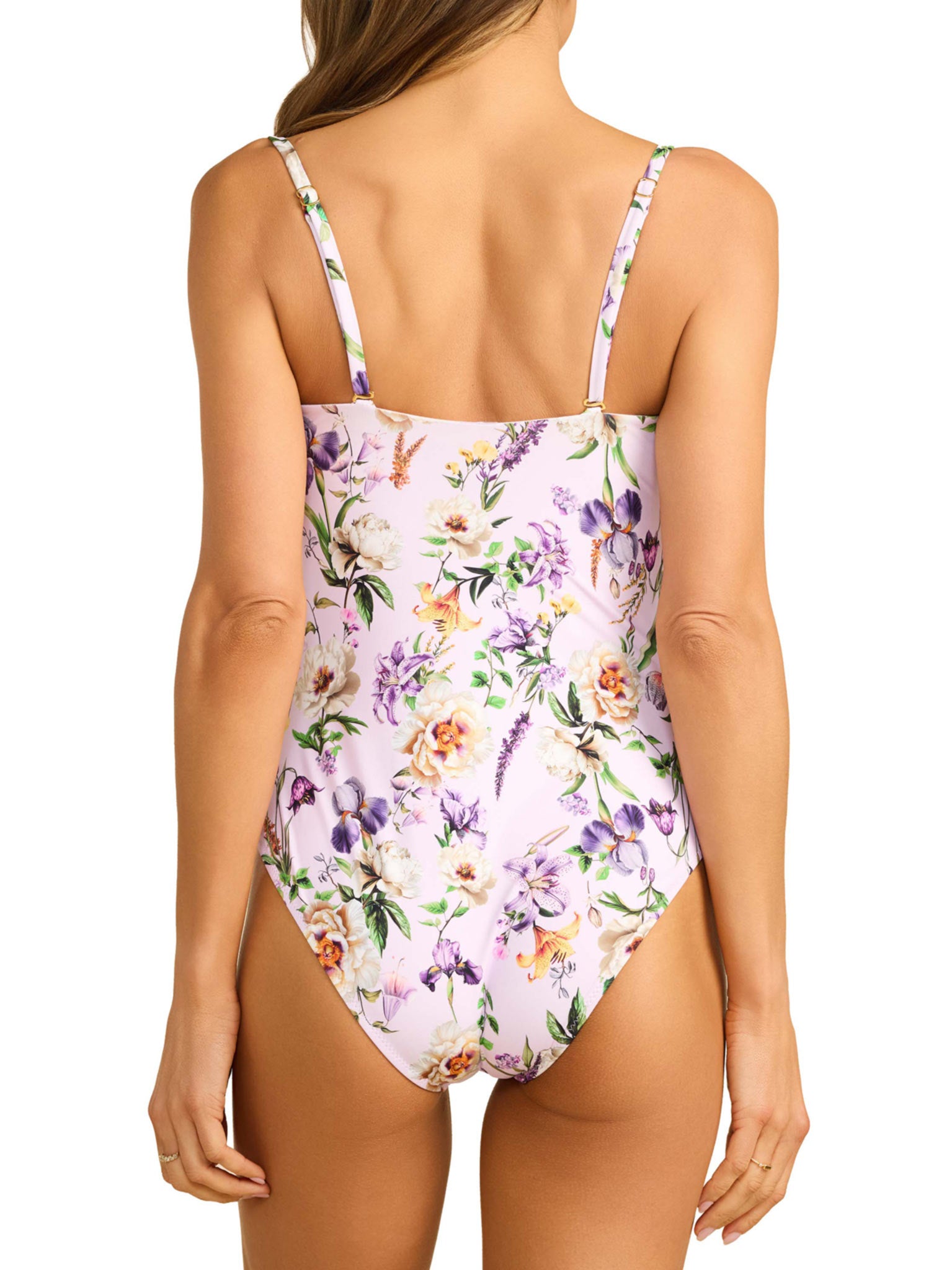 Bandeau One Piece Swimsuit Fawning Flora Purple with removable straps, back view on model | Hanky Panky