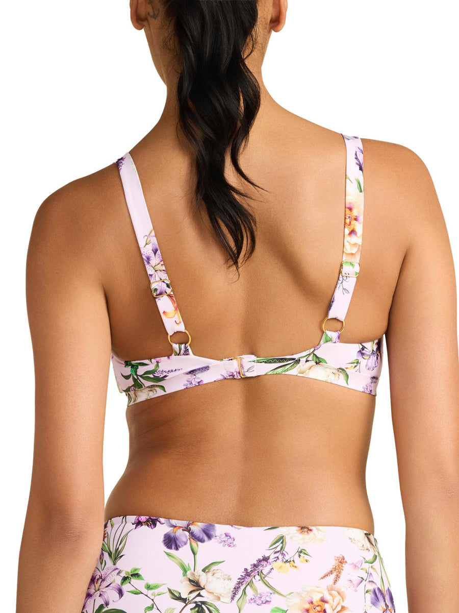 Fawning Flora Purple swim bralette top showing gold hardware straps - Back View | Hanky Panky