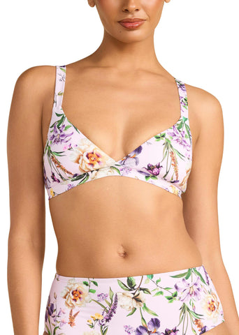 Fawning Flora Purple floral print swim triangle bralette top, on model - Front View | Hanky Panky