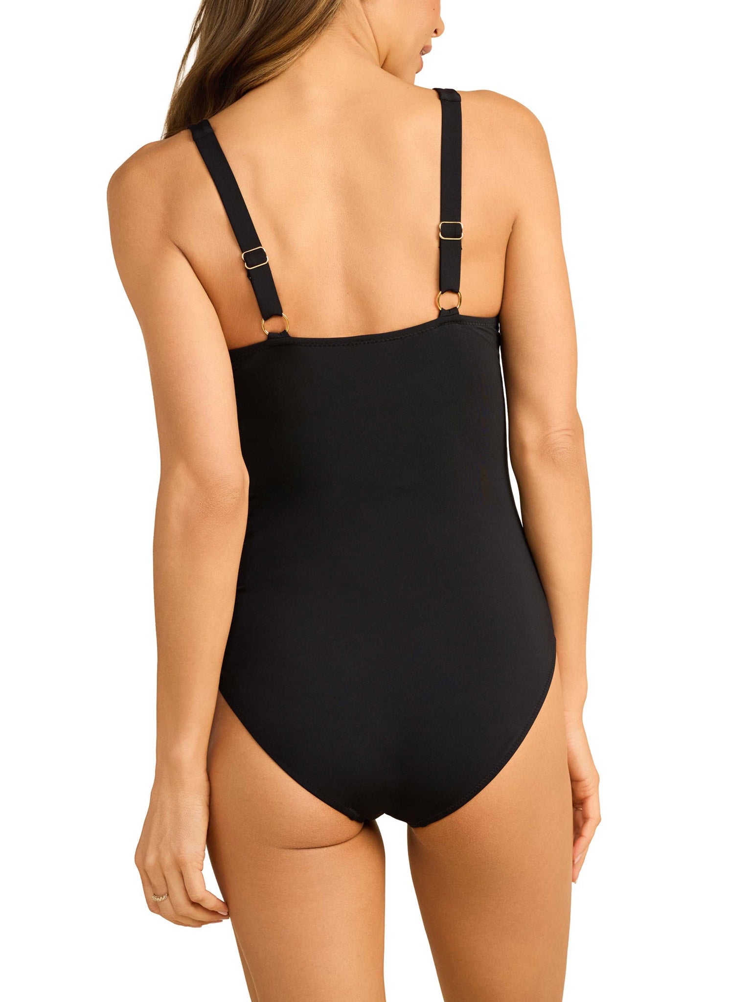 Black Underwire One Piece Swimsuit - Back view showing adjustable gold hardware straps | Hanky Panky