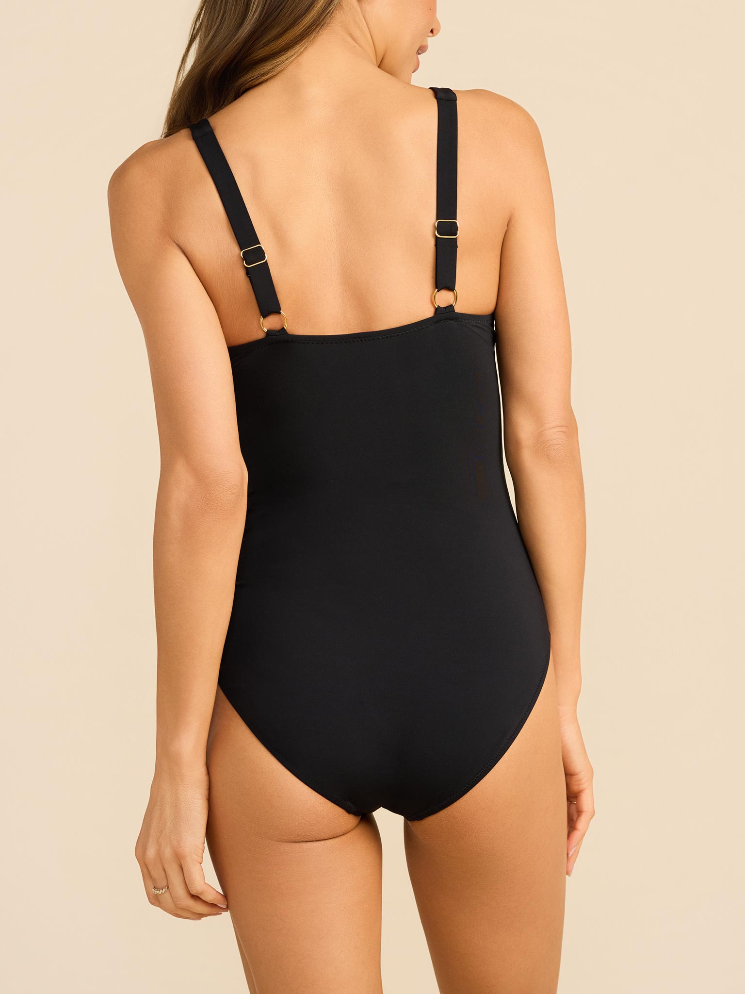 Black Underwire One Piece Swimsuit - Back view with gold adjustable strap hardware | Hanky Panky