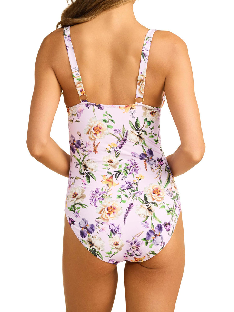 Fawning Flora Purple underwire one-piece swimsuit gold ring straps on white background - Back View | Hanky Panky