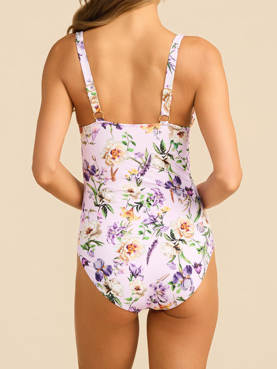 Fawning Flora Purple floral one-piece swimsuit with adjustable straps - Back View | Hanky Panky