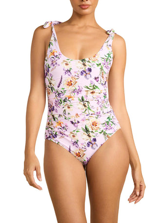 Fawning Flora Purple Floral Ruched Bow One Piece Swimsuit - Front On Model, Tie Shoulders | Hanky Panky