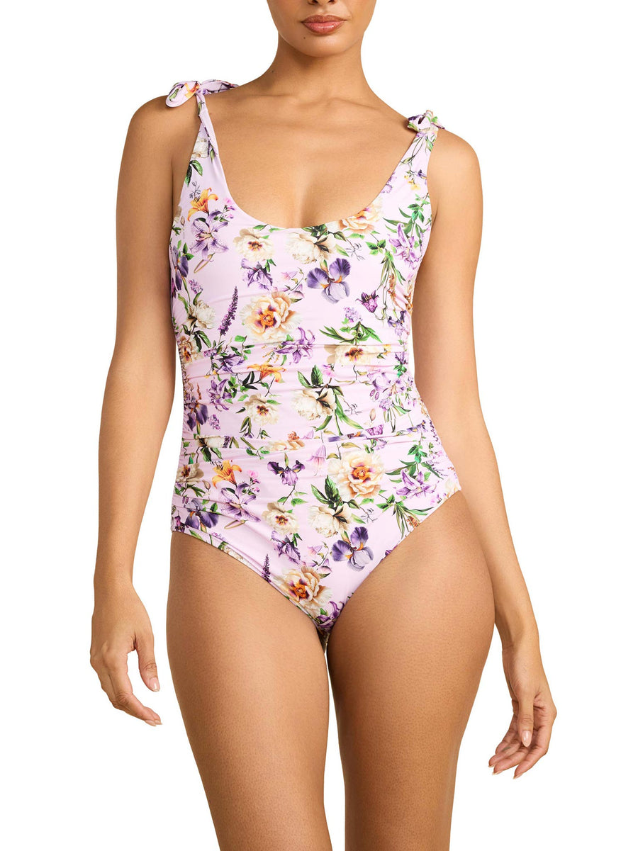 Ruched Bow One Piece Swimsuit Fawning Flora Purple - Front View, floral print with tie shoulders | Hanky Panky