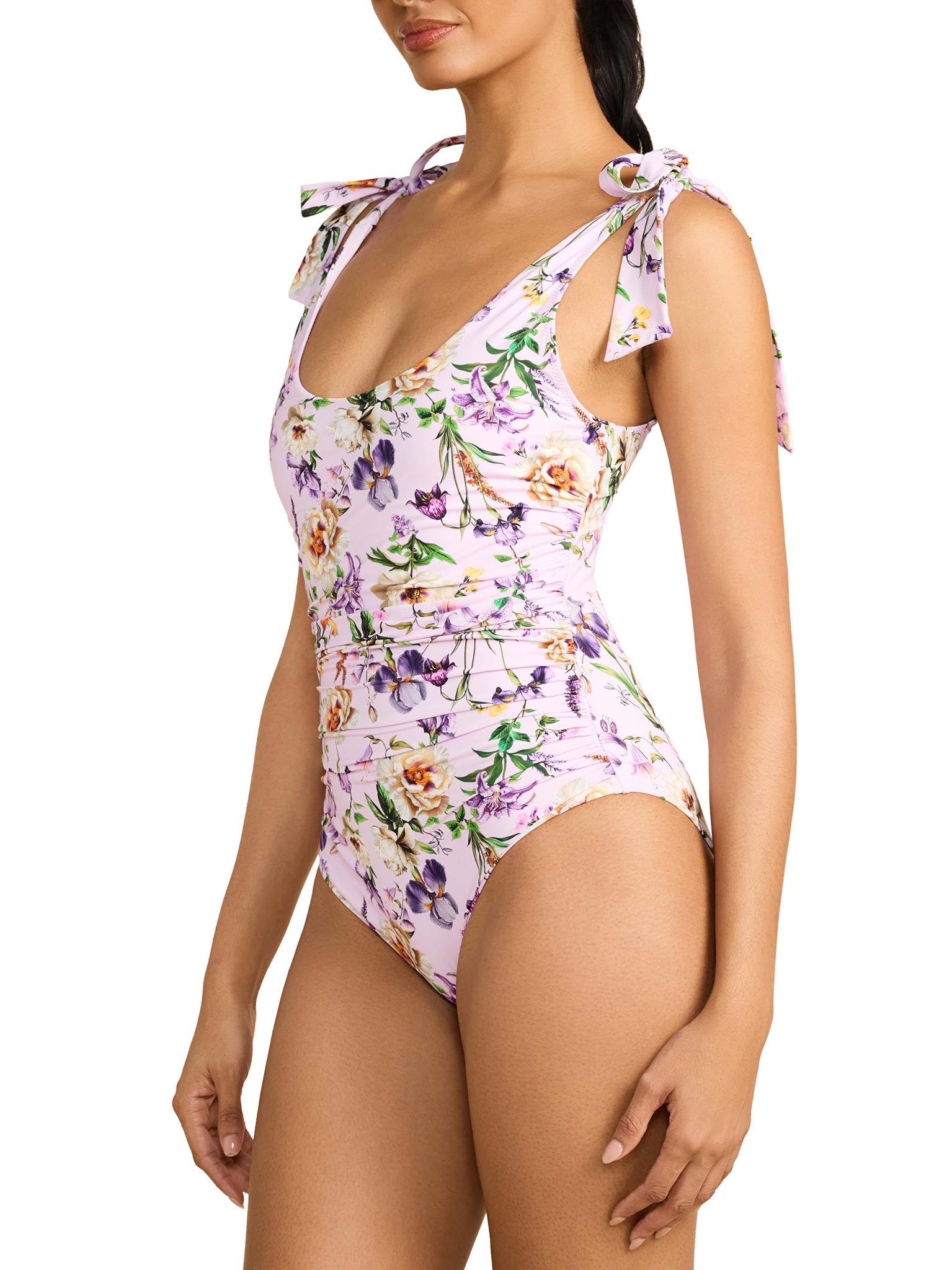 Ruched Bow One Piece Swimsuit Fawning Flora Purple - Side View, ruched waist & tie-bow straps | Hanky Panky